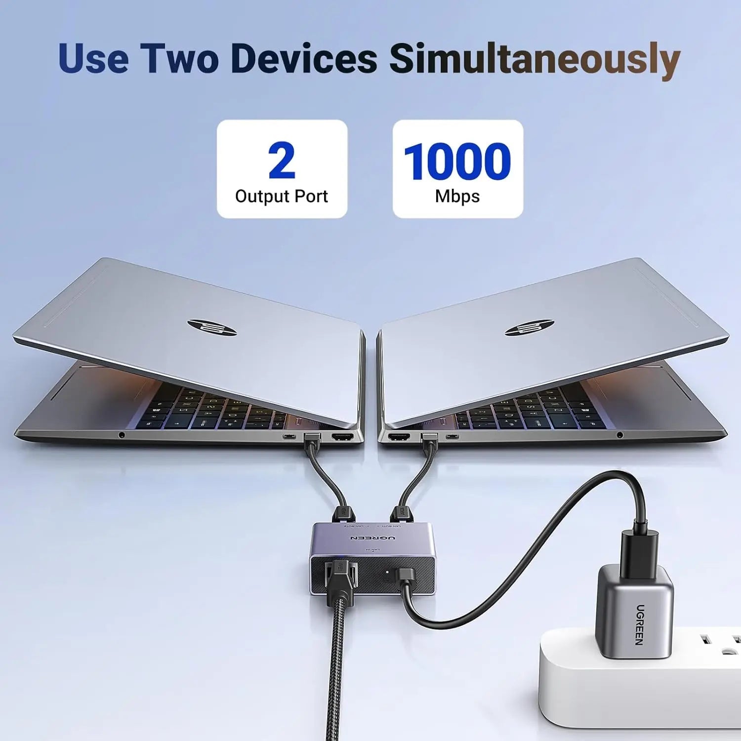 UGREEN 1 in 2 Out Ethernet Splitter 1000Mbps Aluminum Gigabit Network LAN Adapter USB C Charging Cat8 Cat7 Cat6 RJ45 (45311) — connection and usage detail 1