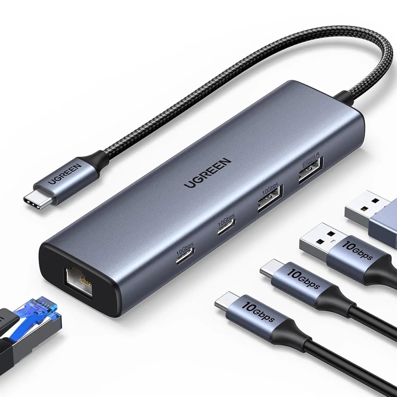UGREEN CM512 6-in-1 USB-C Hub with 10Gbps Data Ports, Gigabit Ethernet & Auxiliary Power – 45320 — product view