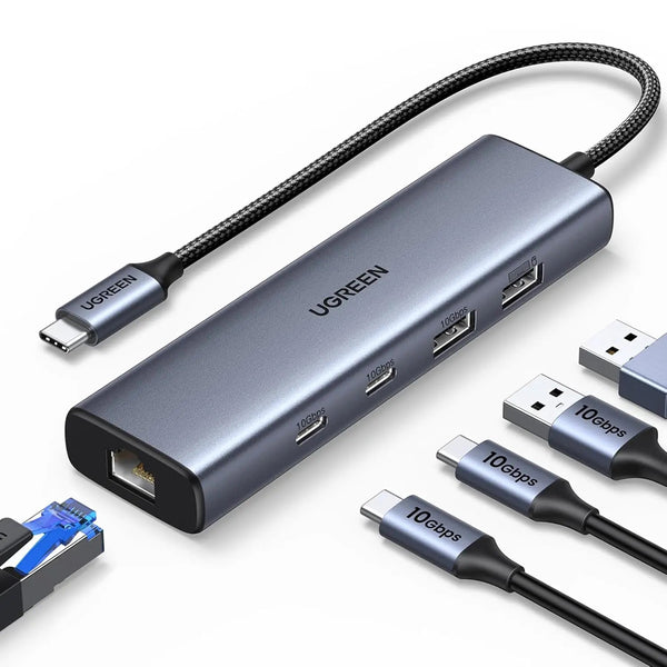 UGREEN CM512 6-in-1 USB-C Hub with 10Gbps Data Ports, Gigabit Ethernet & Auxiliary Power – 45320 — product view