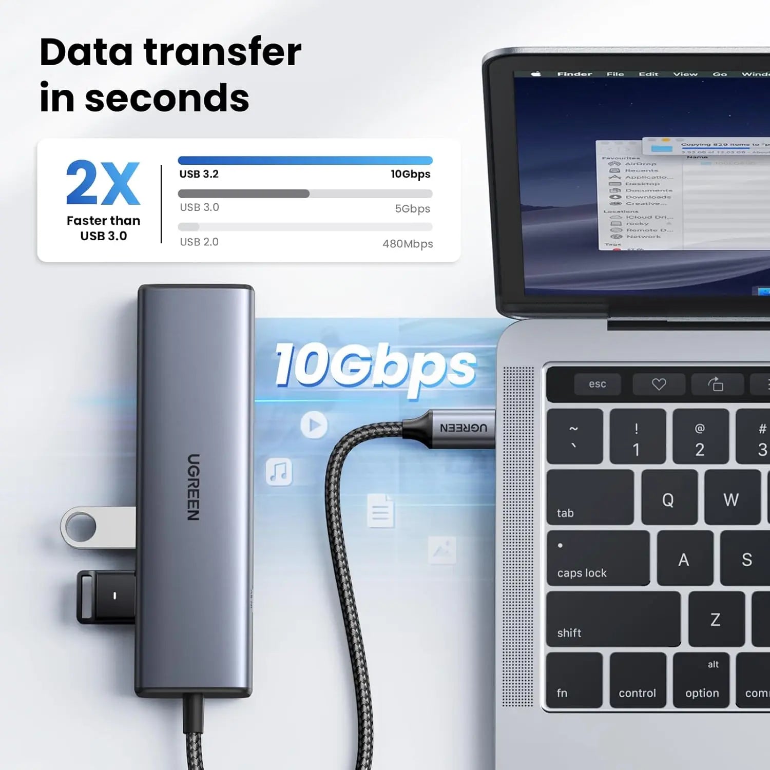UGREEN CM512 6-in-1 USB-C Hub with 10Gbps Data Ports, Gigabit Ethernet & Auxiliary Power – 45320 — connection and usage detail 2