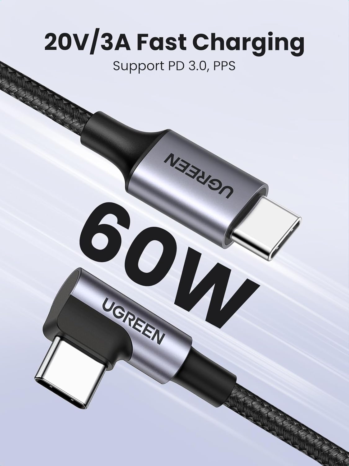 UGREEN 50125 Right Angle 90 Degree 60W USB C Cable (2 Meter) for iPhone 17/16/15, MacBook Pro/Air, iPad Pro/Air/Mini, Samsung Galaxy S26/S25/S24 — connection and usage detail 2