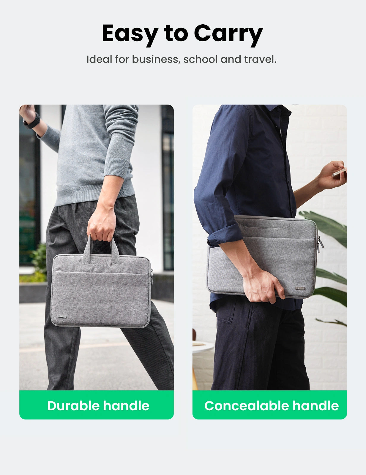 UGREEN Laptop Carry Bag for 14–14.9″ | Water-Resistant Protective Sleeve with Three-Layer Protection & Organized Front Pocket (Gray, Model 50337) — connection and usage detail 3
