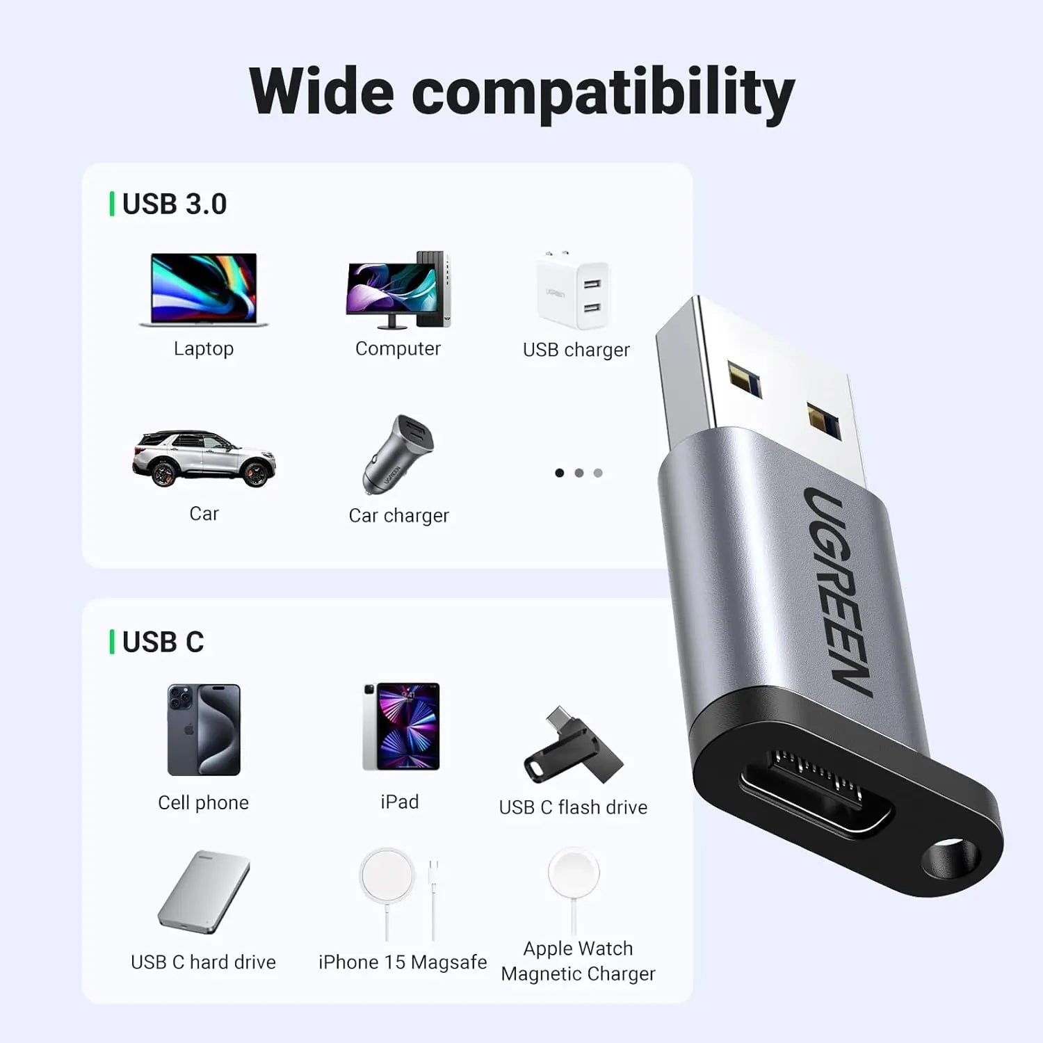 UGREEN 10Gbps USB C to USB A Adapter Type A Male C Female Fast Charge Data Transfer iPhone 16 15 MacBook iPad Galaxy (50533) — connection and usage detail 3