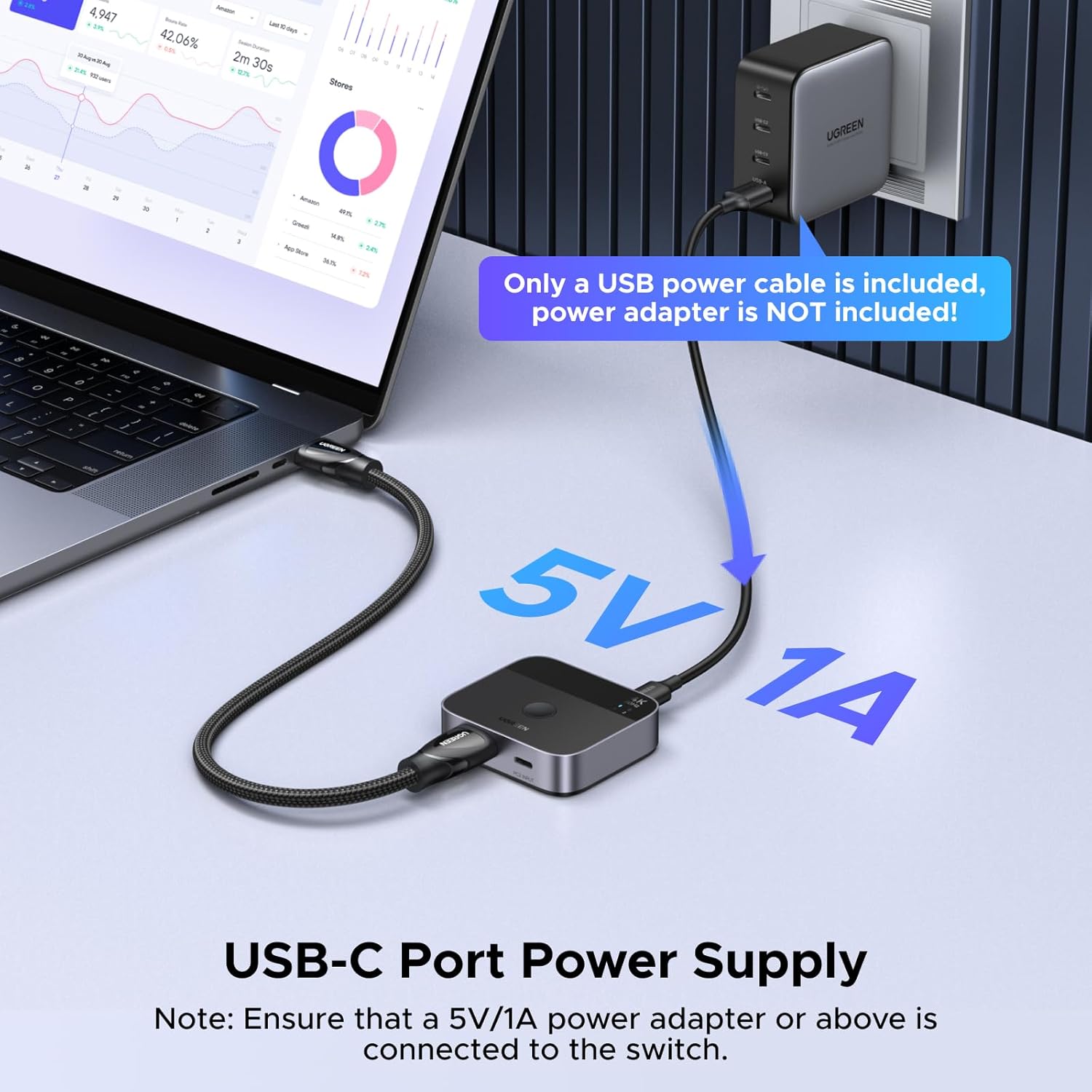 UGREEN 55452 USB-C+HDMI Switch 2-in-1 Out 4K@60Hz Aluminum Switcher for Laptops, MacBook — connection and usage detail 2