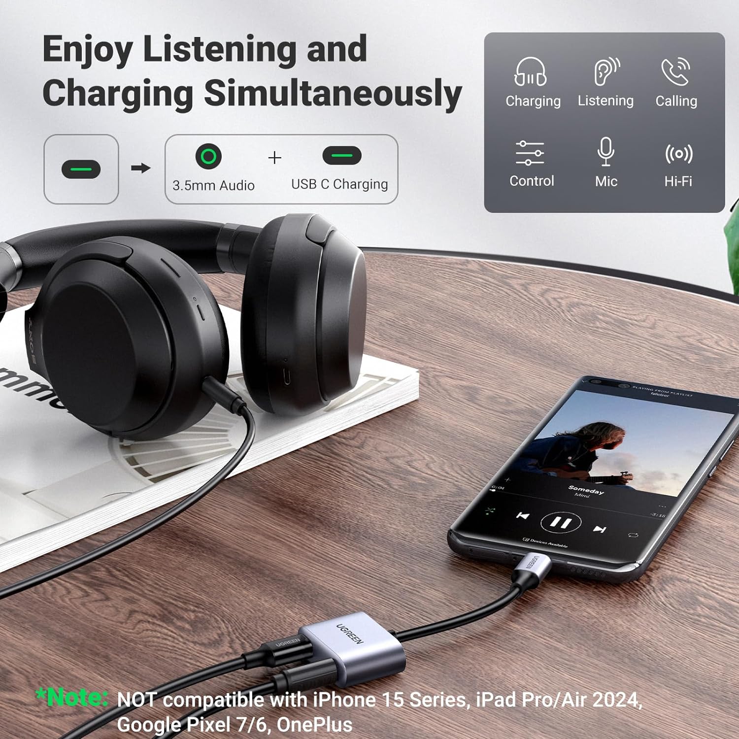 UGREEN 60164 USB-C to Aux 3.5mm Audio With PD Adapter for PUBG Mobile / Free Fire, Earphone Converter with DAC Chip, PD QC Charging — connection and usage detail 1