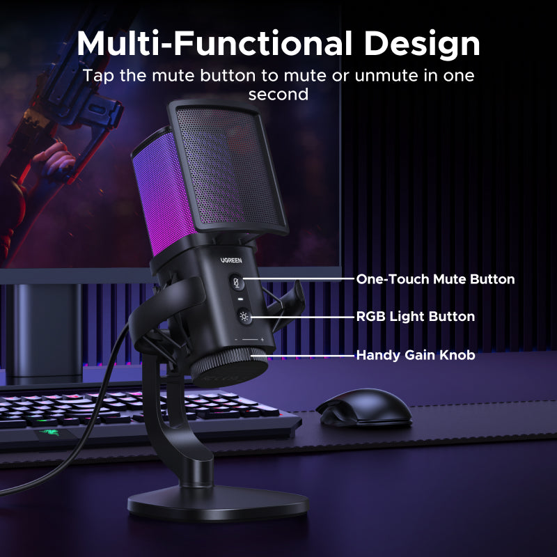 UGREEN Studio-Grade RGB USB Desktop Microphone – 96kHz/24-bit with DSP Noise Reduction for Windows , Mac Os , PS4/PS5 , Zoomen , GotoMeeting , YouTube , Google Treffen , Twitch , Skype , Podcast — connection and usage detail 3