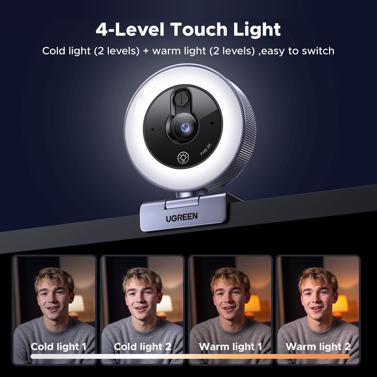 UGREEN 65857 2K Webcam with 4-Level Ring Light, Full HD Webcam for PC with Microphone, Privacy Cover, USB Web Camera Compatible with Switch 2, Streaming, Conference, Zoom, Teams, Computer/Laptop/MacBook — connection and usage detail 1