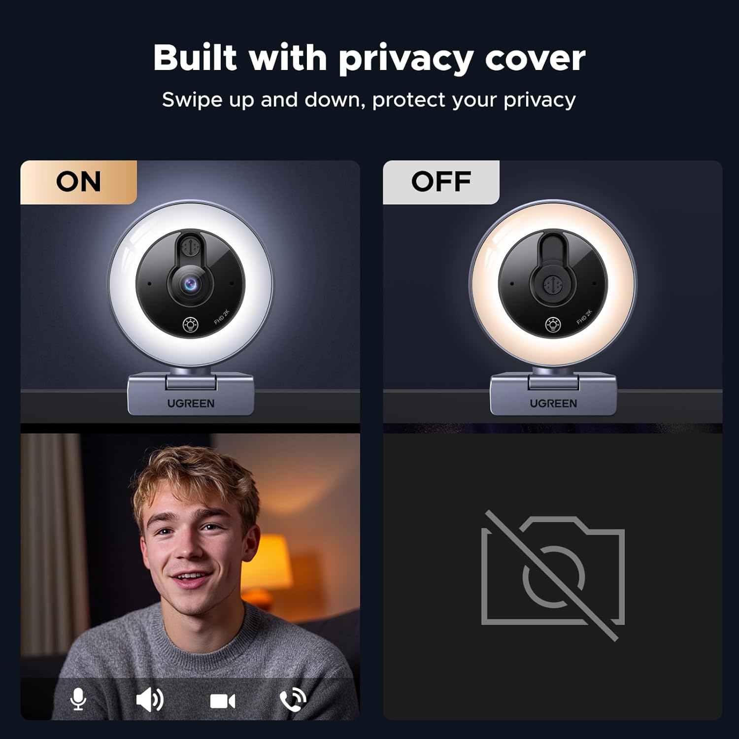 UGREEN 65857 2K Webcam with 4-Level Ring Light, Full HD Webcam for PC with Microphone, Privacy Cover, USB Web Camera Compatible with Switch 2, Streaming, Conference, Zoom, Teams, Computer/Laptop/MacBook — connection and usage detail 2