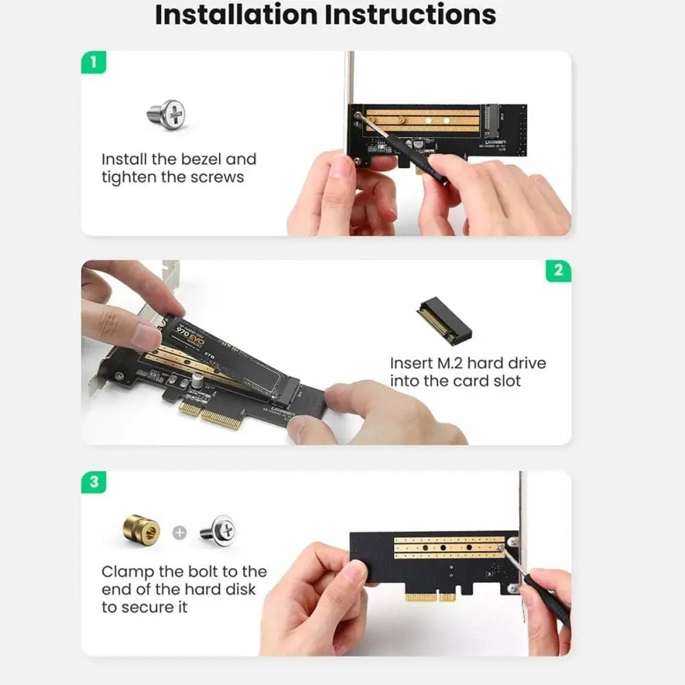 UGREEN M.2 NVMe to PCIe 3.0 x4 Adapter Card Internal SSD Converter 2230 2242 2260 2280 Desktop PC Expansion 70504 — connection and usage detail 2