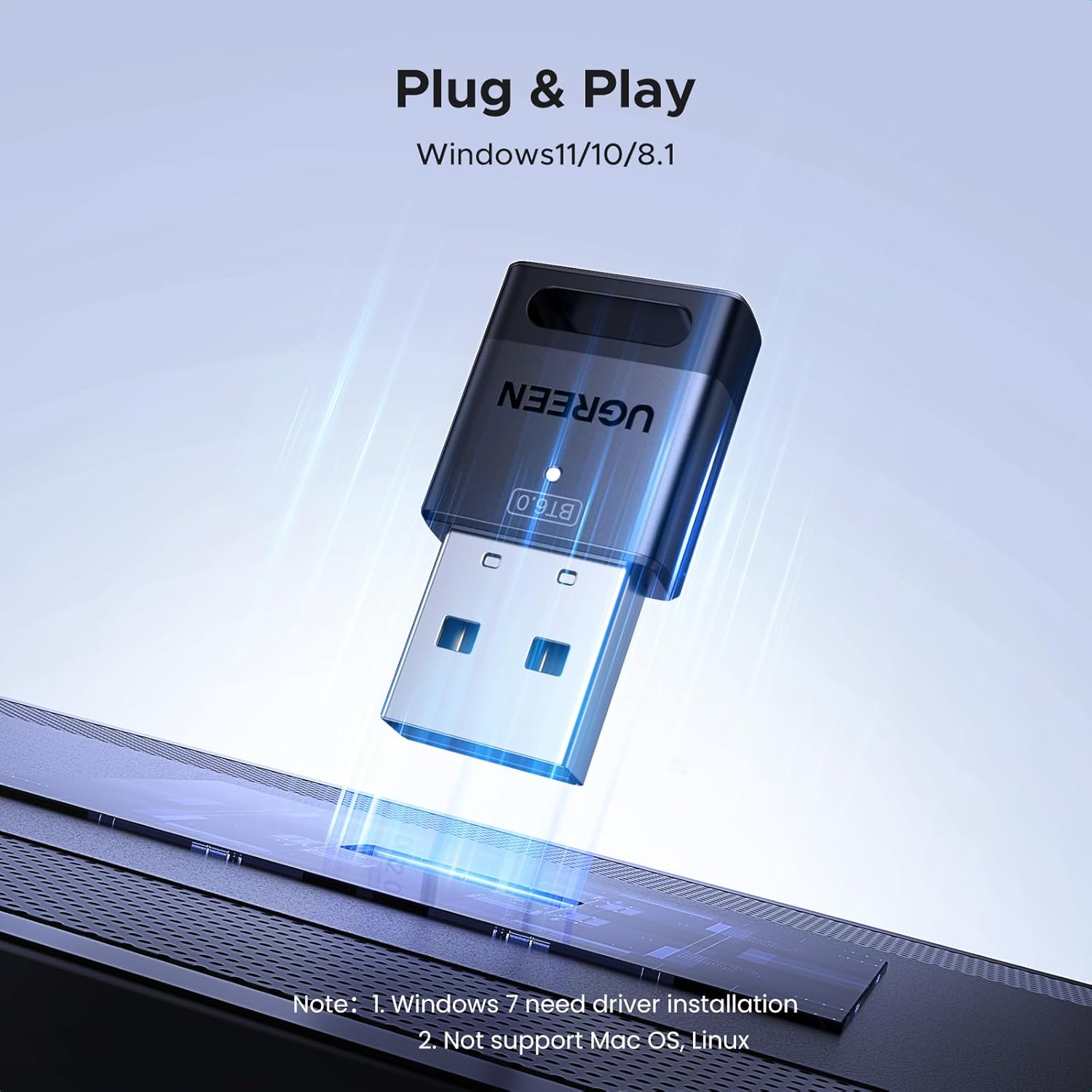 UGREEN 75073 USB Bluetooth 6.0 Adapter for PC, Bluetooth Dongle Receiver EDR & BLE, Plug & Play for Windows 11/10/8.1, for Headphone/ Keyboard/ Mouse/ Speakers/ Printer — connection and usage detail 2