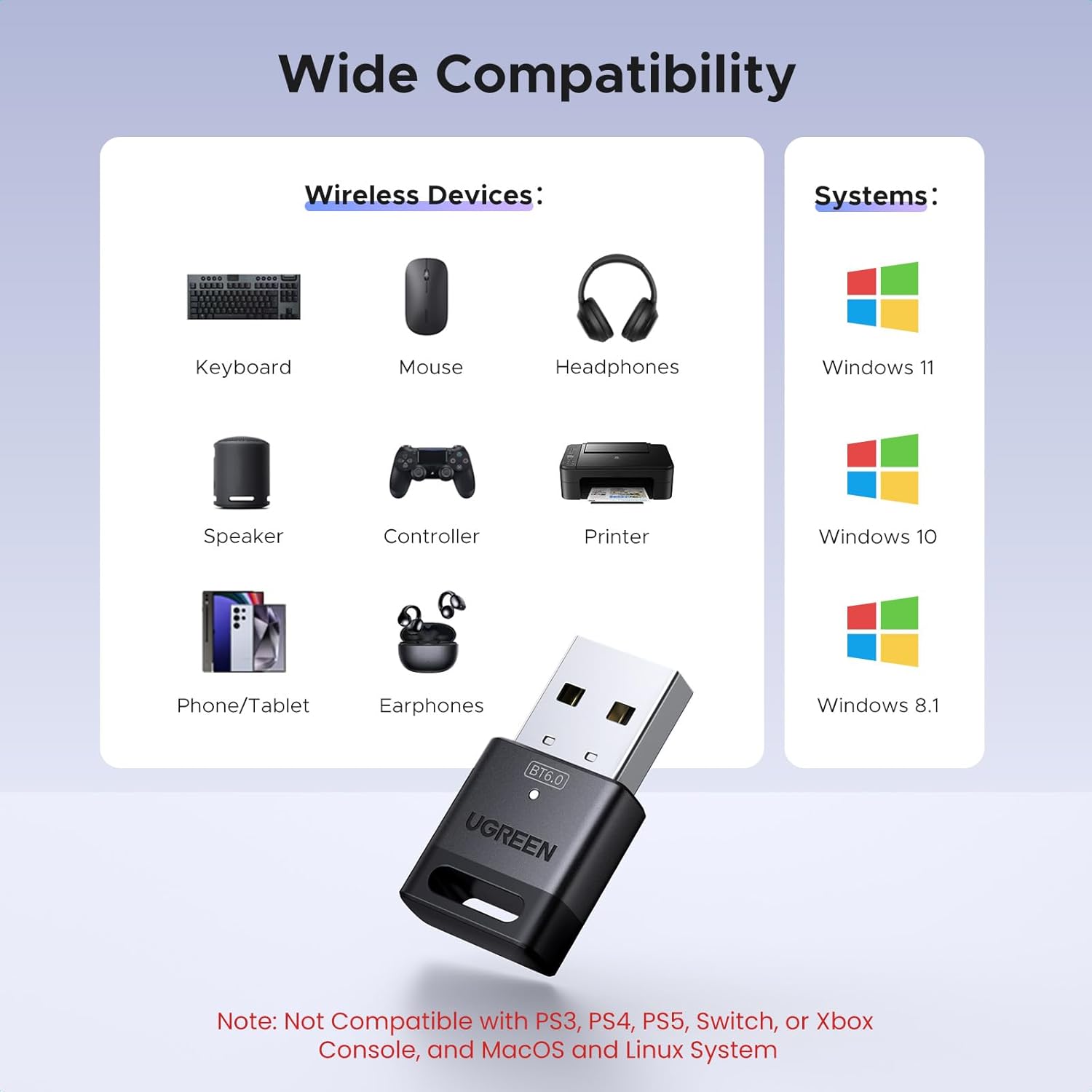 UGREEN 75073 USB Bluetooth 6.0 Adapter for PC, Bluetooth Dongle Receiver EDR & BLE, Plug & Play for Windows 11/10/8.1, for Headphone/ Keyboard/ Mouse/ Speakers/ Printer — connection and usage detail 3