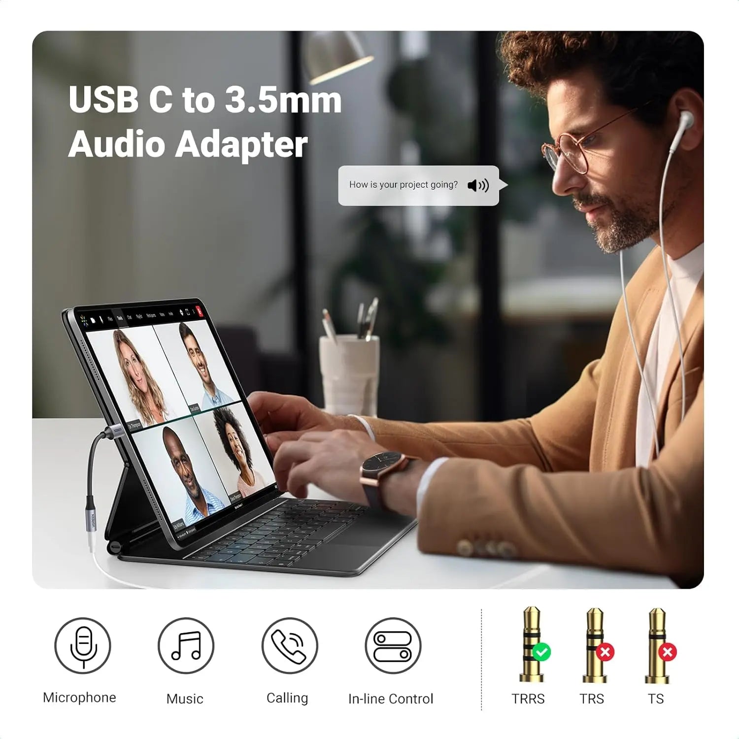 UGREEN 80154 USB-C to 3.5mm DAC Headset Adapter, 10cm — connection and usage detail 3