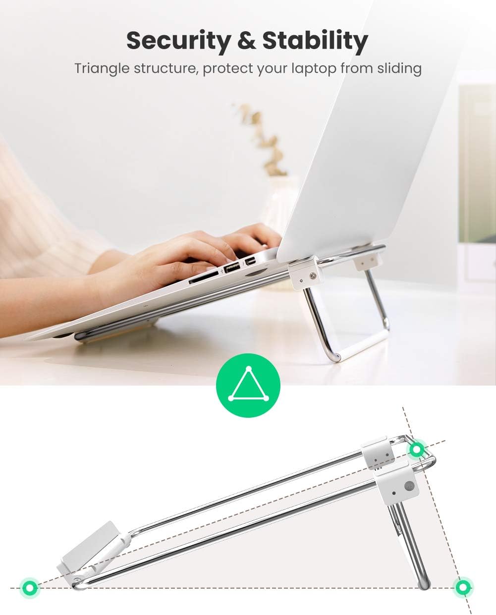UGREEN 80348 Adjustable Laptop Desk Stand (Silver) Portable Aluminum Laptop Riser with Height Adjustment — connection and usage detail 2