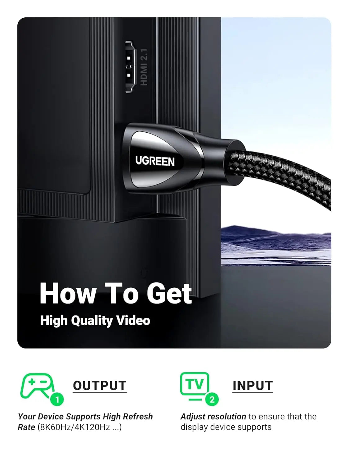 UGREEN HD140 80404 3m HDMI 2.1 Cable, 8K60/4K120 — connection and usage detail 2