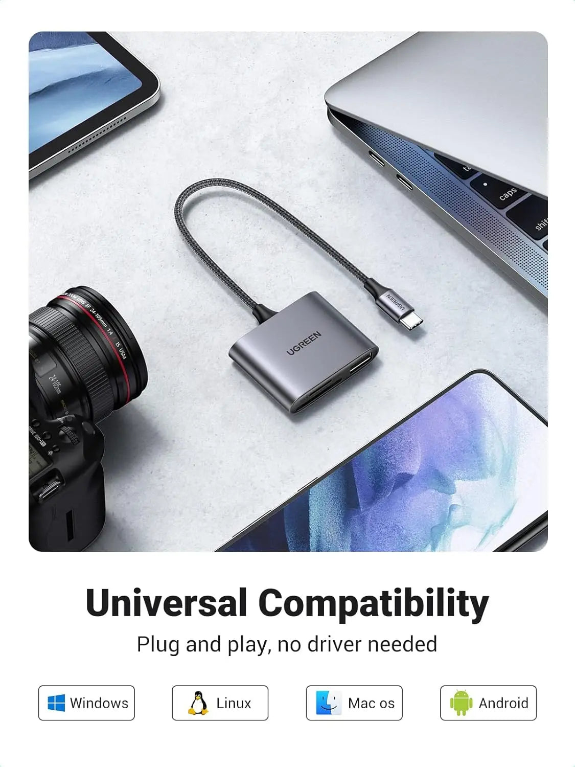 UGREEN 80798 3-in-1 USB-C SD/microSD Reader with USB 2.0 Port — connection and usage detail 3