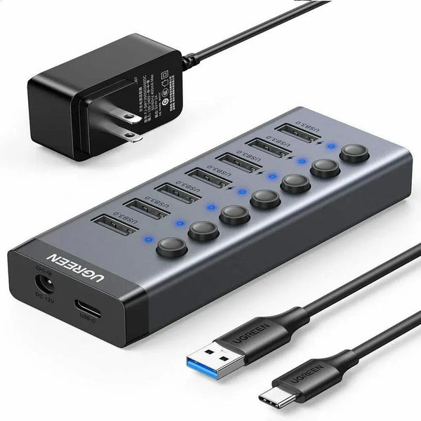 UGREEN 7-Port USB 3.0 Hub Independent Switch 24W Power Supply 12V/2A Charging Data Transfer MacBook Surface Pro7 (90307) — product view