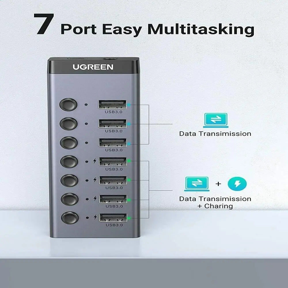 UGREEN 7-Port USB 3.0 Hub Independent Switch 24W Power Supply 12V/2A Charging Data Transfer MacBook Surface Pro7 (90307) — connection and usage detail 1