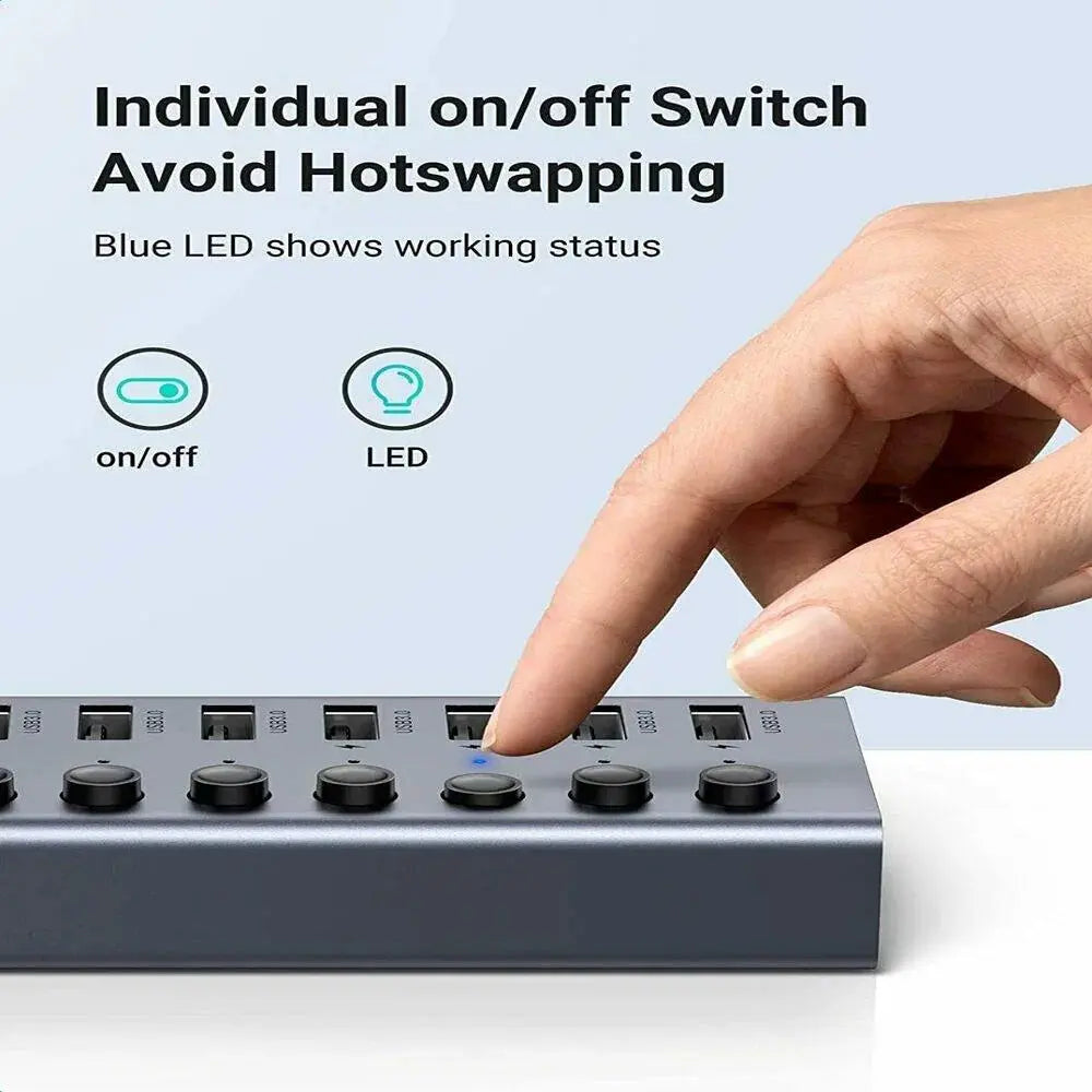 UGREEN 7-Port USB 3.0 Hub Independent Switch 24W Power Supply 12V/2A Charging Data Transfer MacBook Surface Pro7 (90307) — connection and usage detail 2