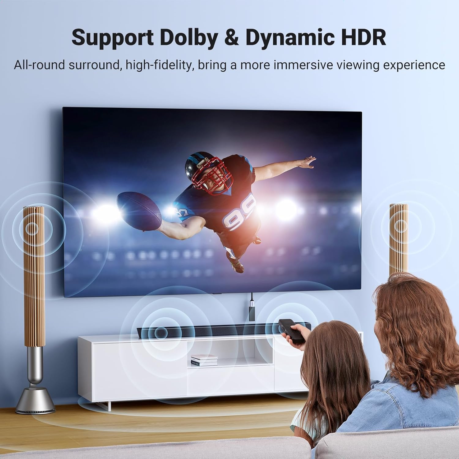 UGREEN 8K HDMI 2.1 Extension Cable 48Gbps - Ultra High Speed HDMI Male to Female Extender Cord 4K 240Hz/120Hz [6.6FT/2M] eARC, Dolby Vision, VRR for PS5 Pro, Xbox Series X, Switch 2, Smart TV, Soundbar — connection and usage detail 3