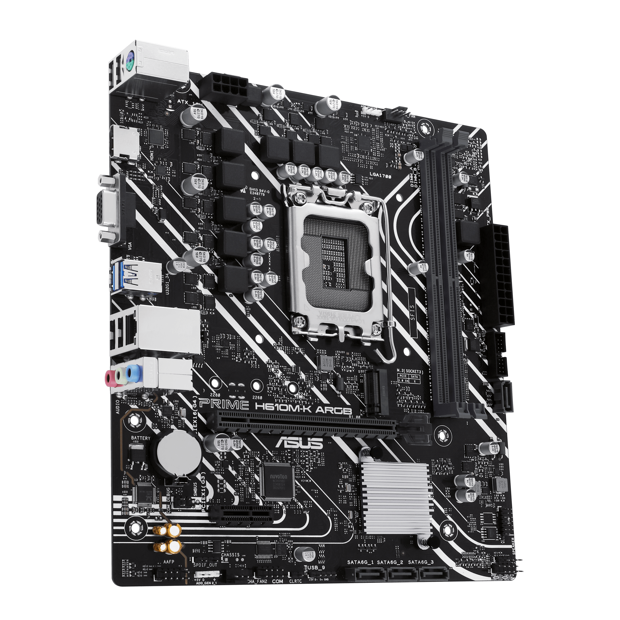 PRIME H610M-K ARGB front view, 60 degrees, with I/O ports
