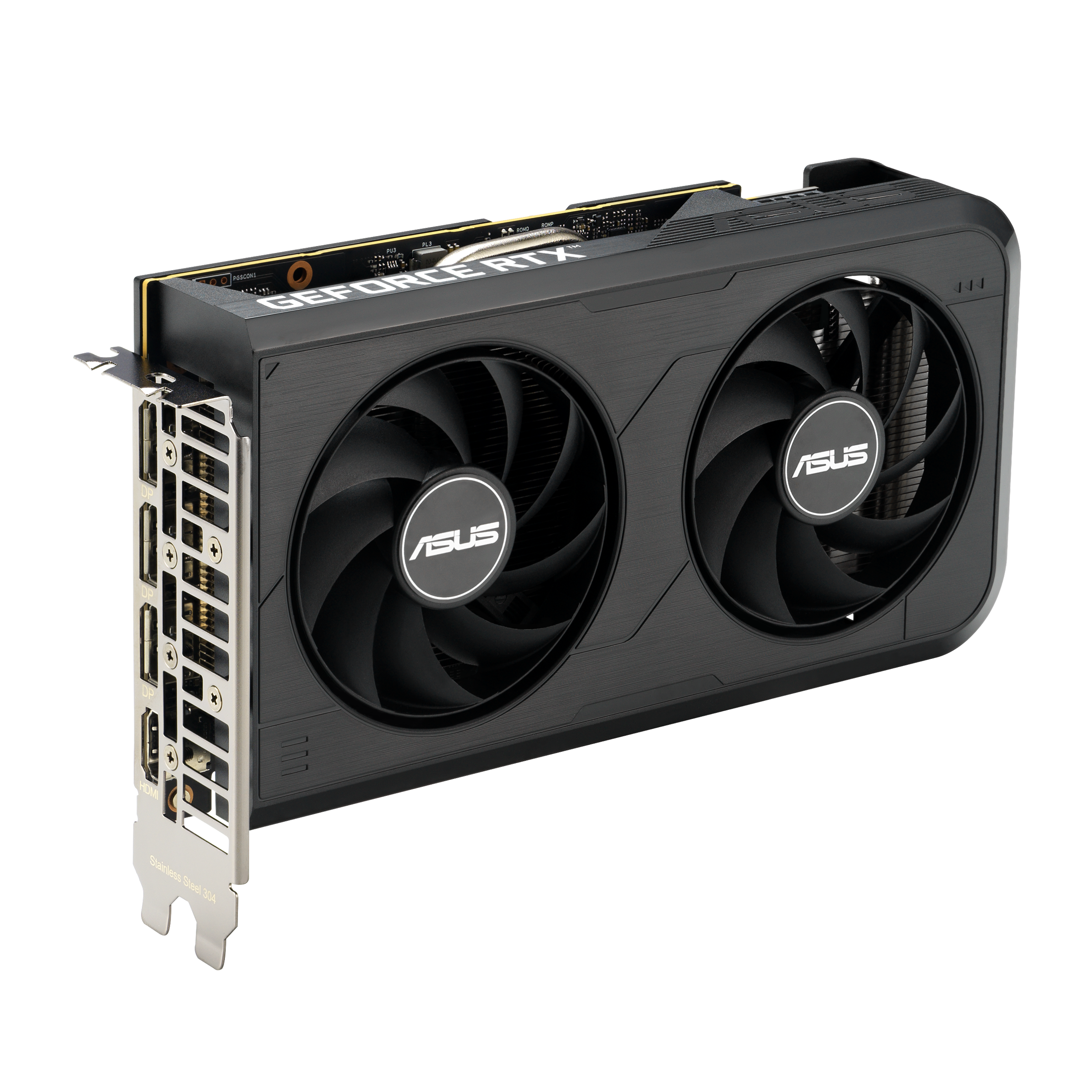 ASUS DUAL GeForce RTX™ 5050 graphics card, front angled view highlighting IO ports