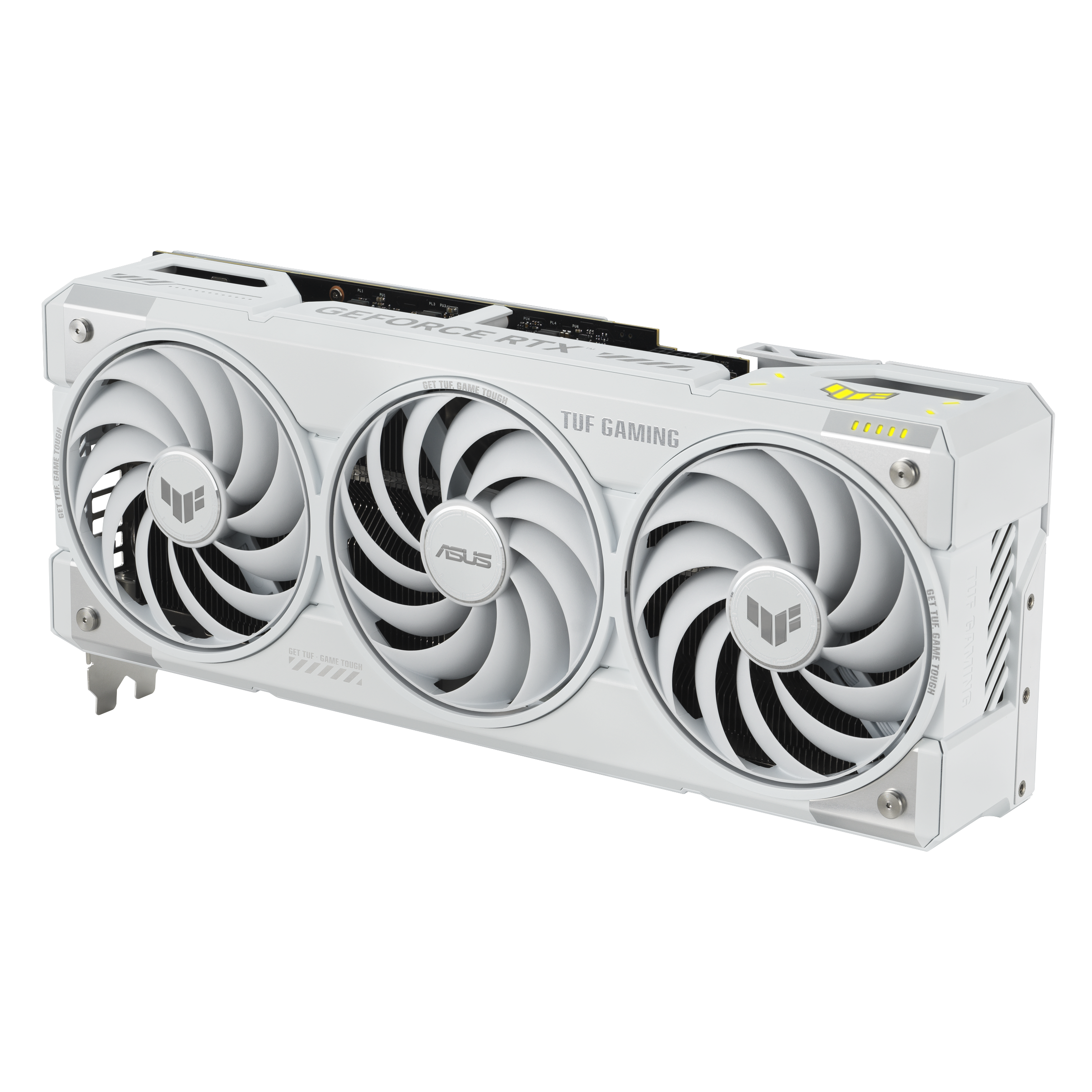 TUF-RTX5070Ti-WHITE_angled top down view focous on fans+lighting