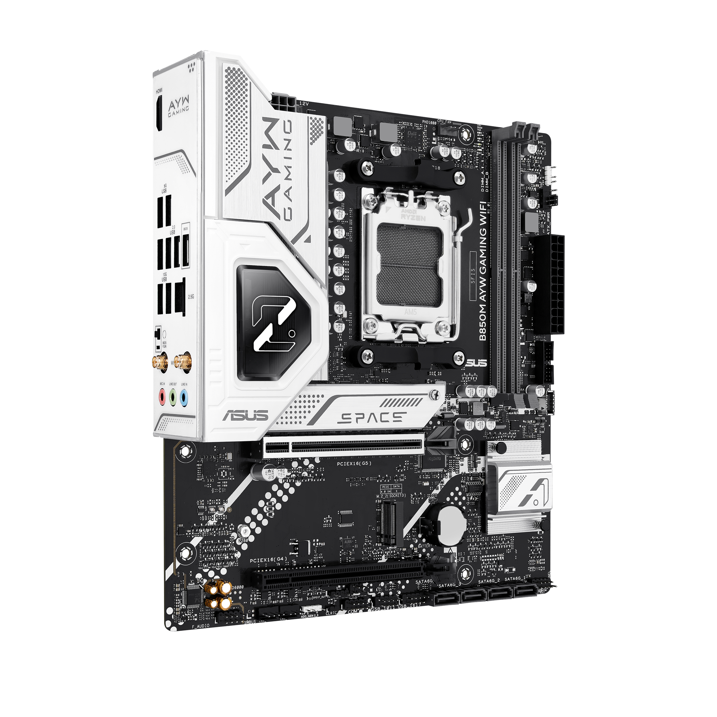 B850M AYW GAMING WIFI front view, 90 degrees