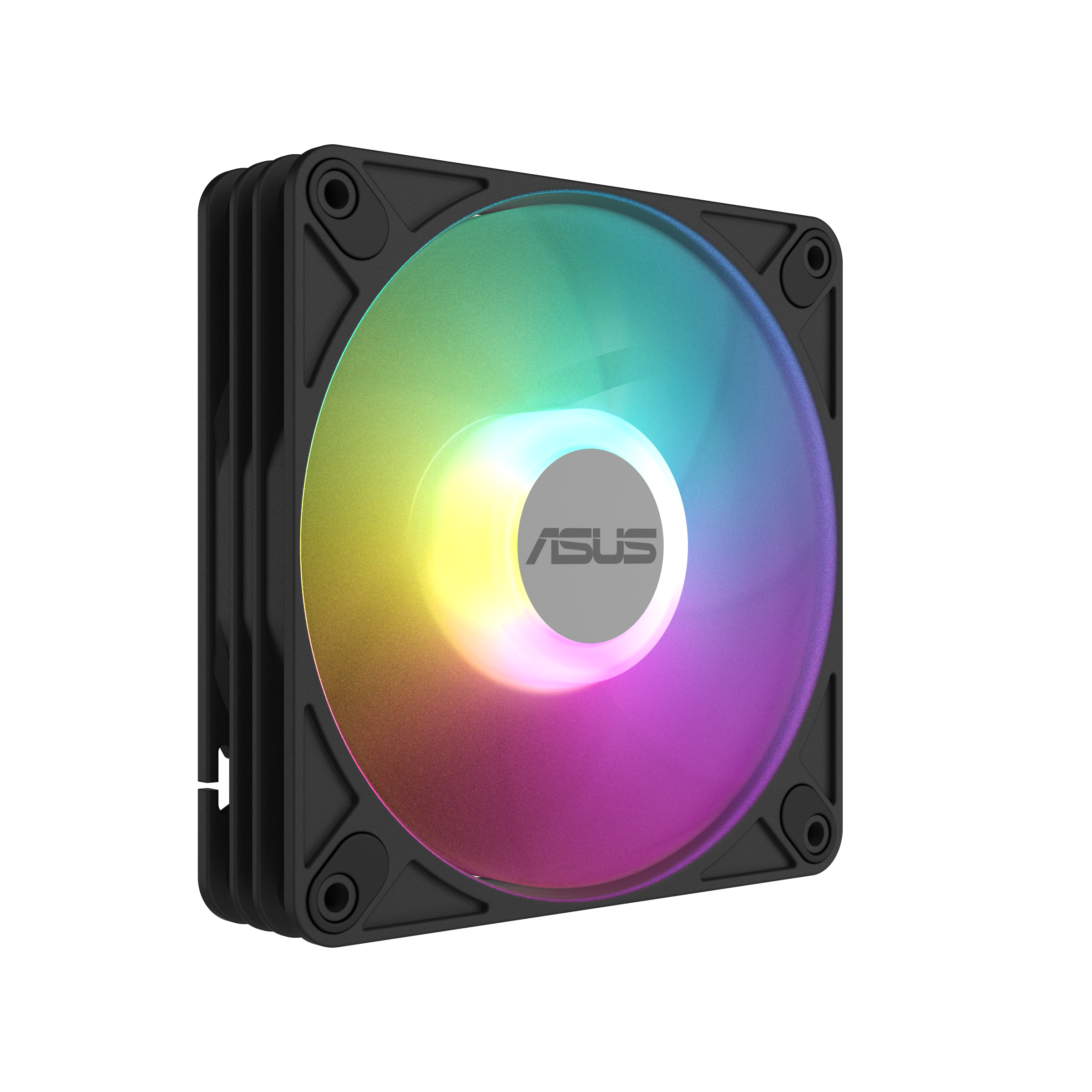 ASUS AR120 ARGB PWM Fan, tilted 45 degrees with ARGB lighting