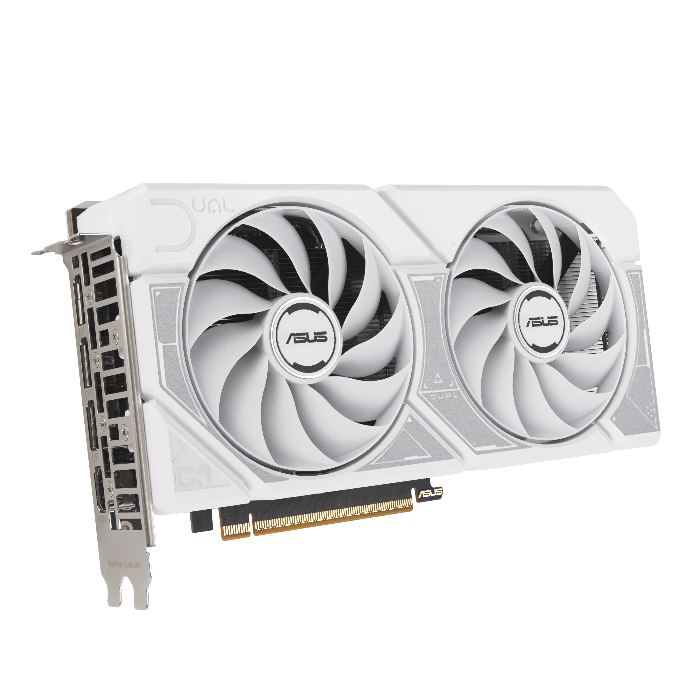 ASUS Dual GeForce RTX 5060 White edition placed at a 45-degree angle, leaning toward the back-right