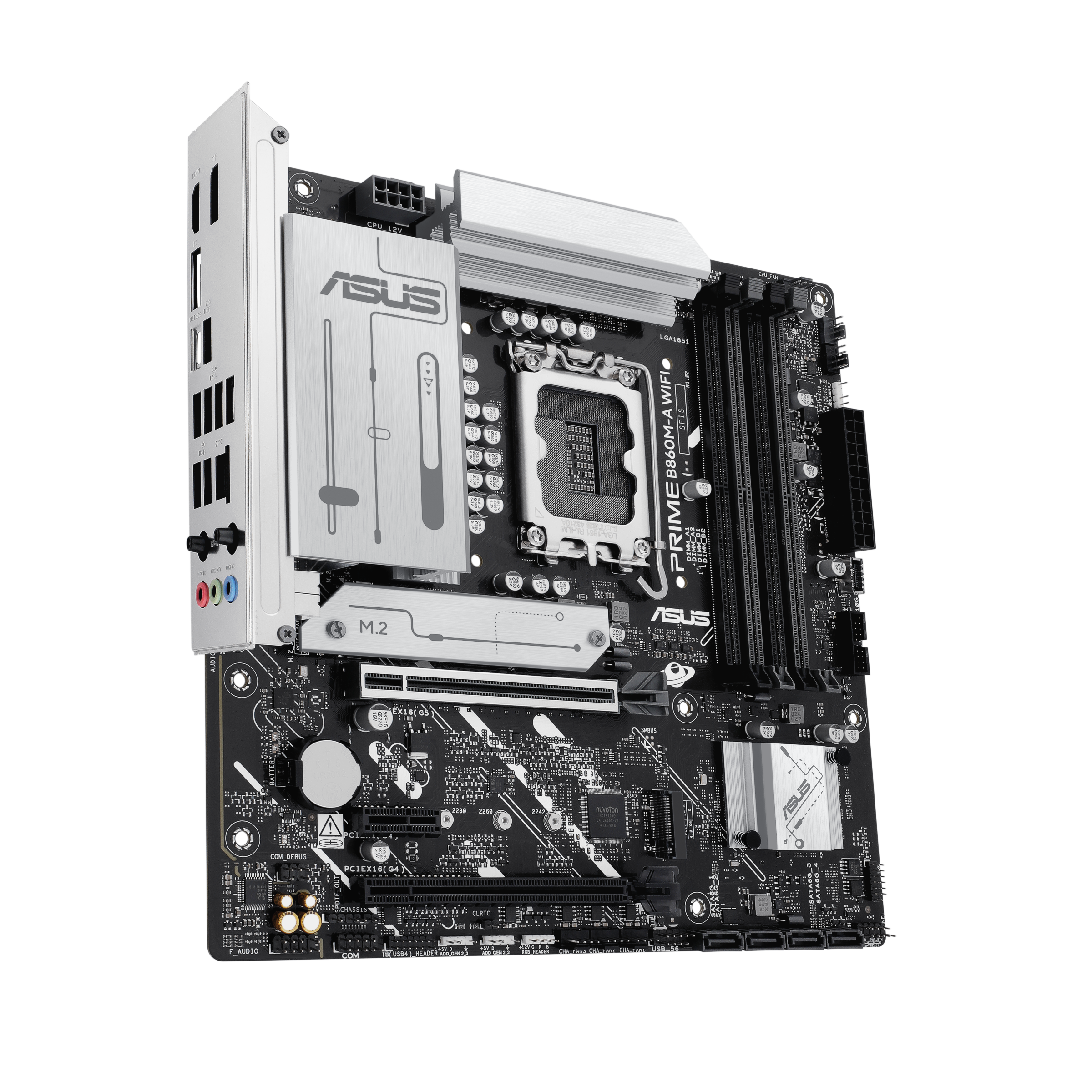 PRIME B860M-A WIFI-CSM front view, 45 degrees, with I/O ports