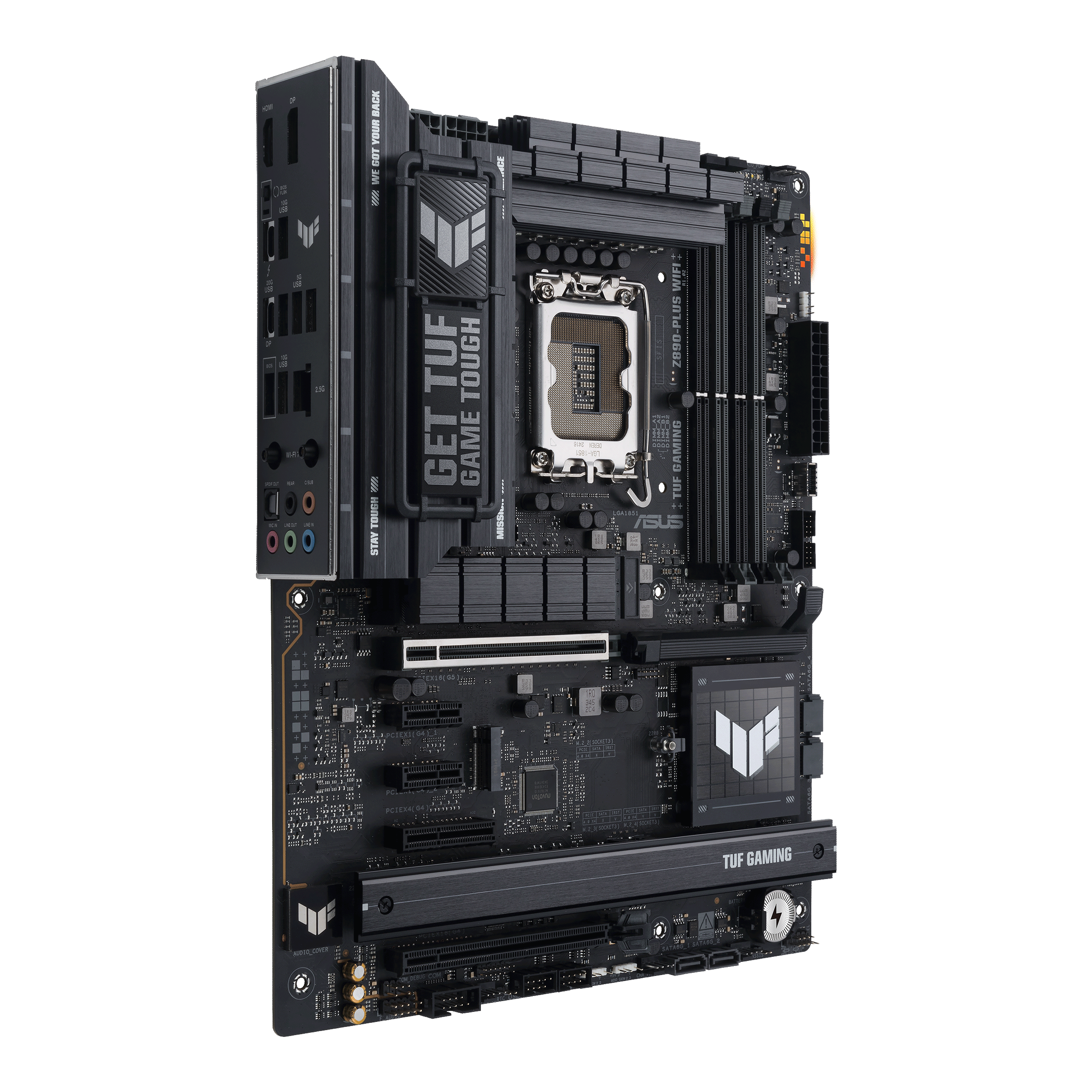 TUF GAMING Z890-PLUS WIFI front view, 45 degrees, with I/O ports