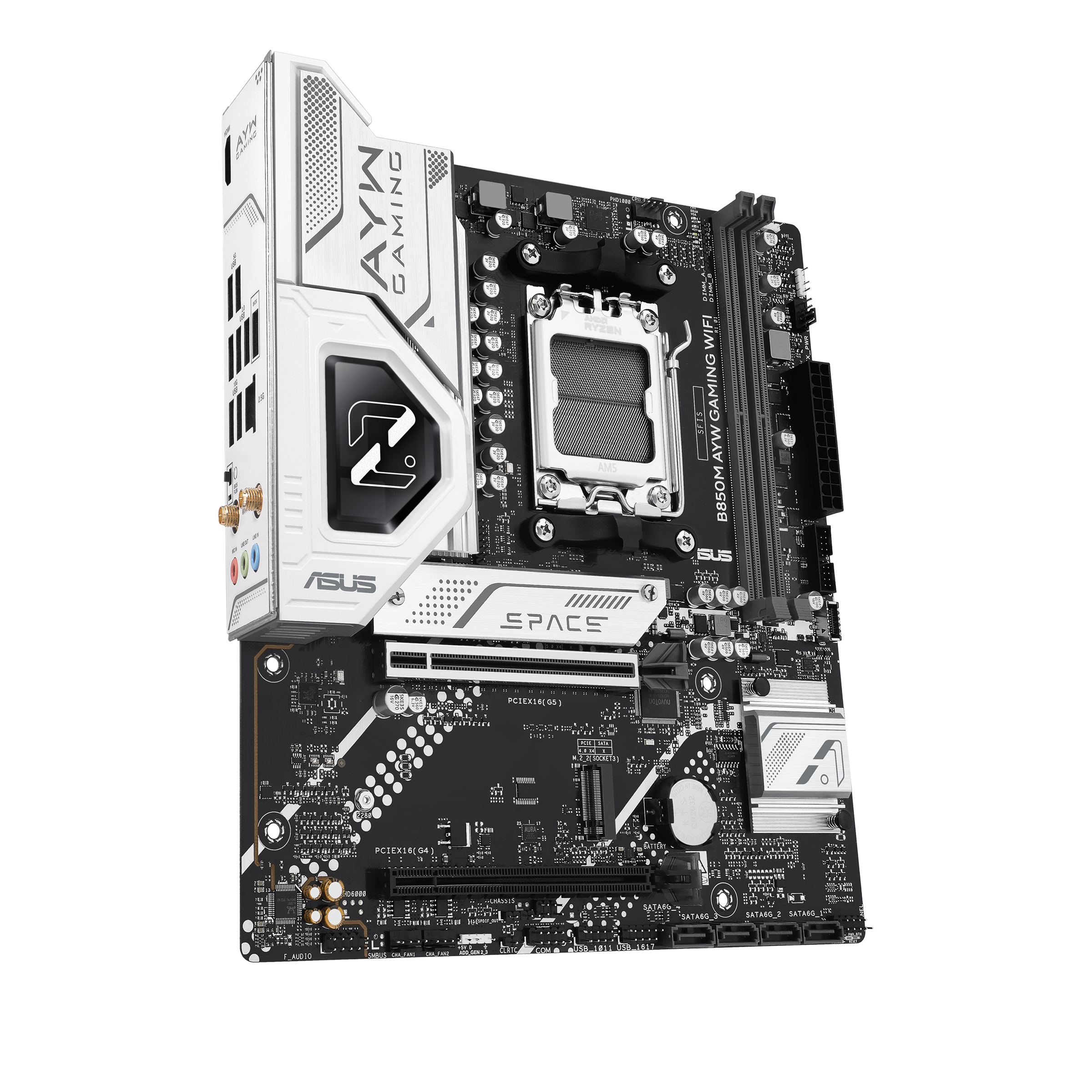 B850M AYW GAMING WIFI front view, 60 degrees, with I/O ports
