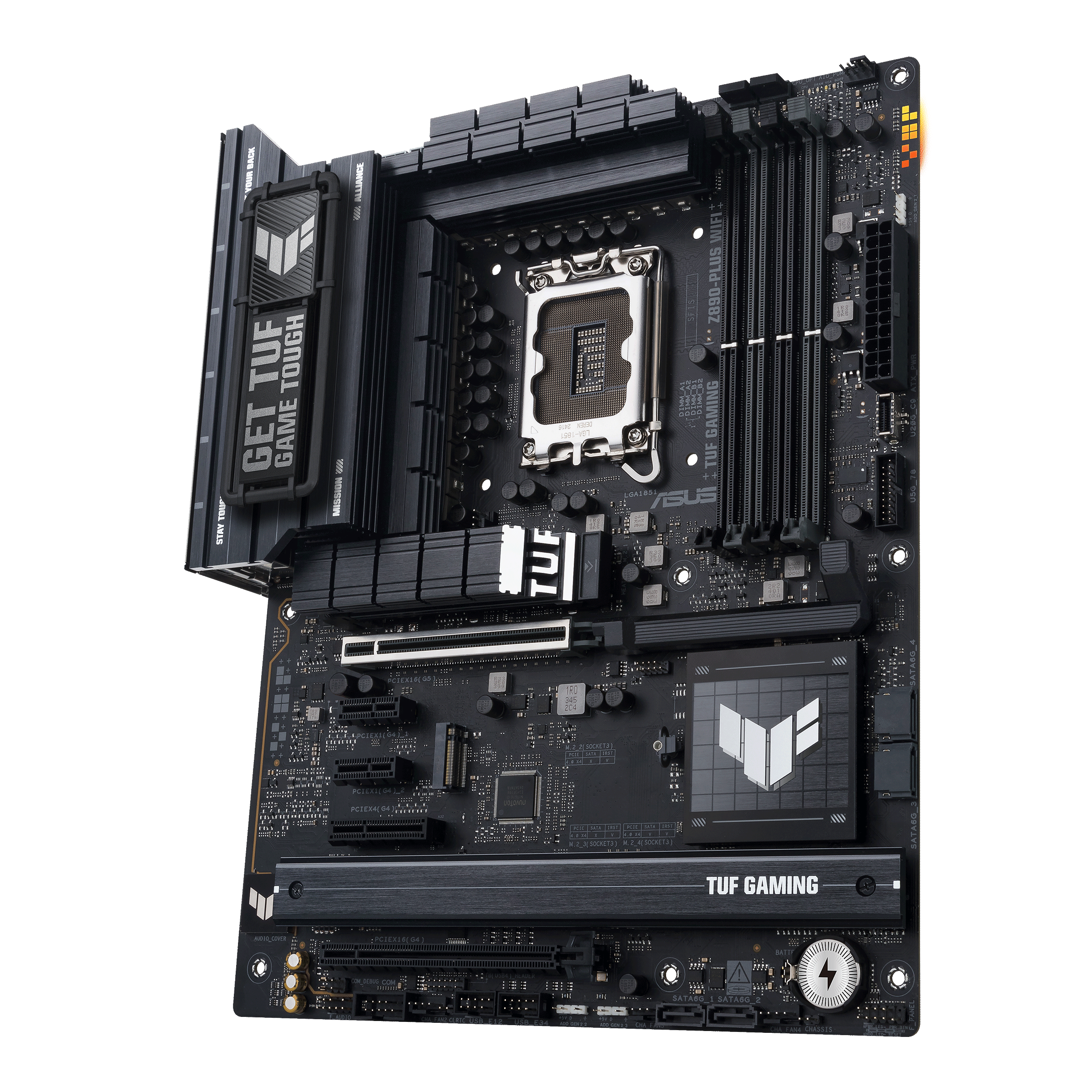TUF GAMING Z890-PLUS WIFI front view, 60 degrees, with Aura lighting