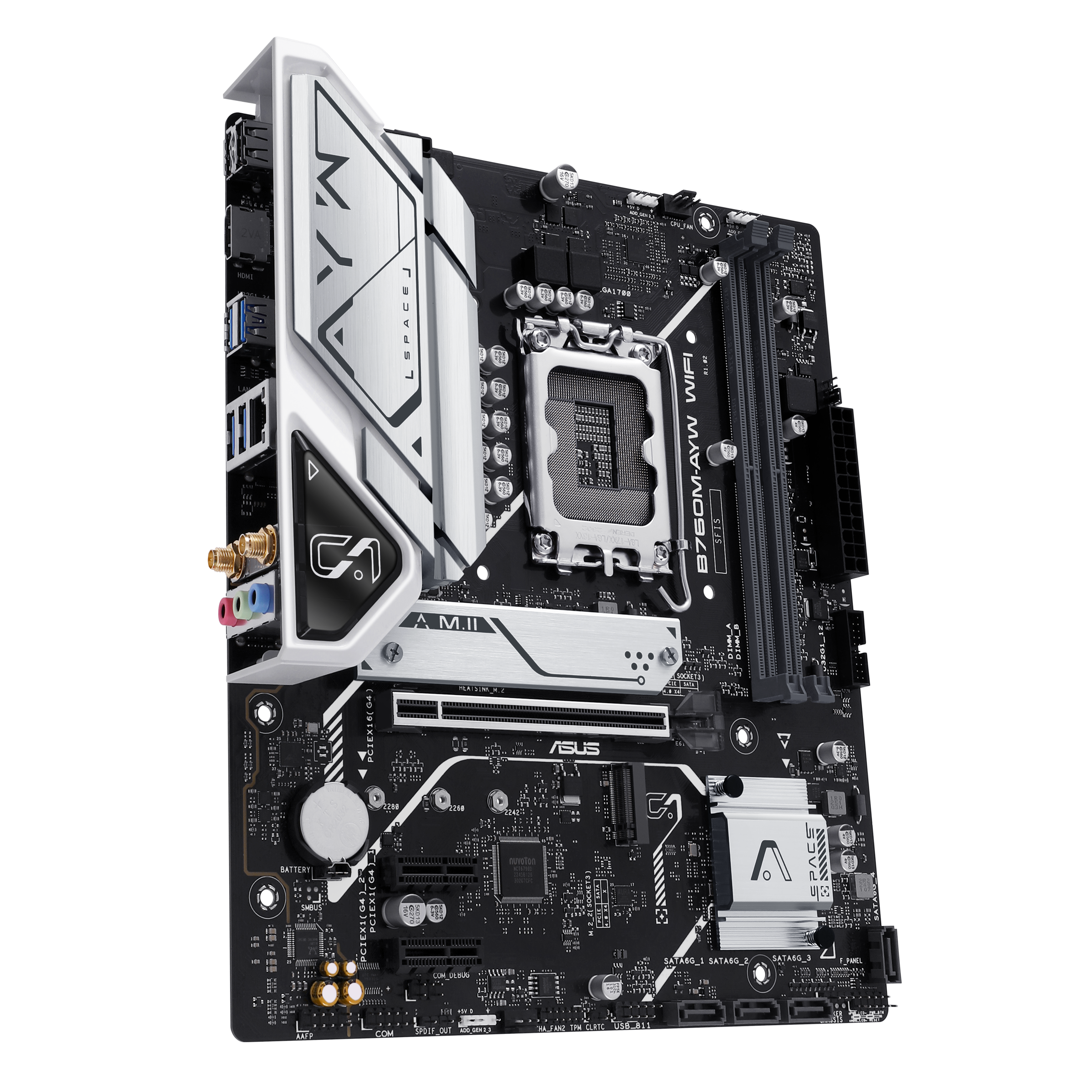 B760M-AYW WIFI front view, 60 degrees, with I/O ports