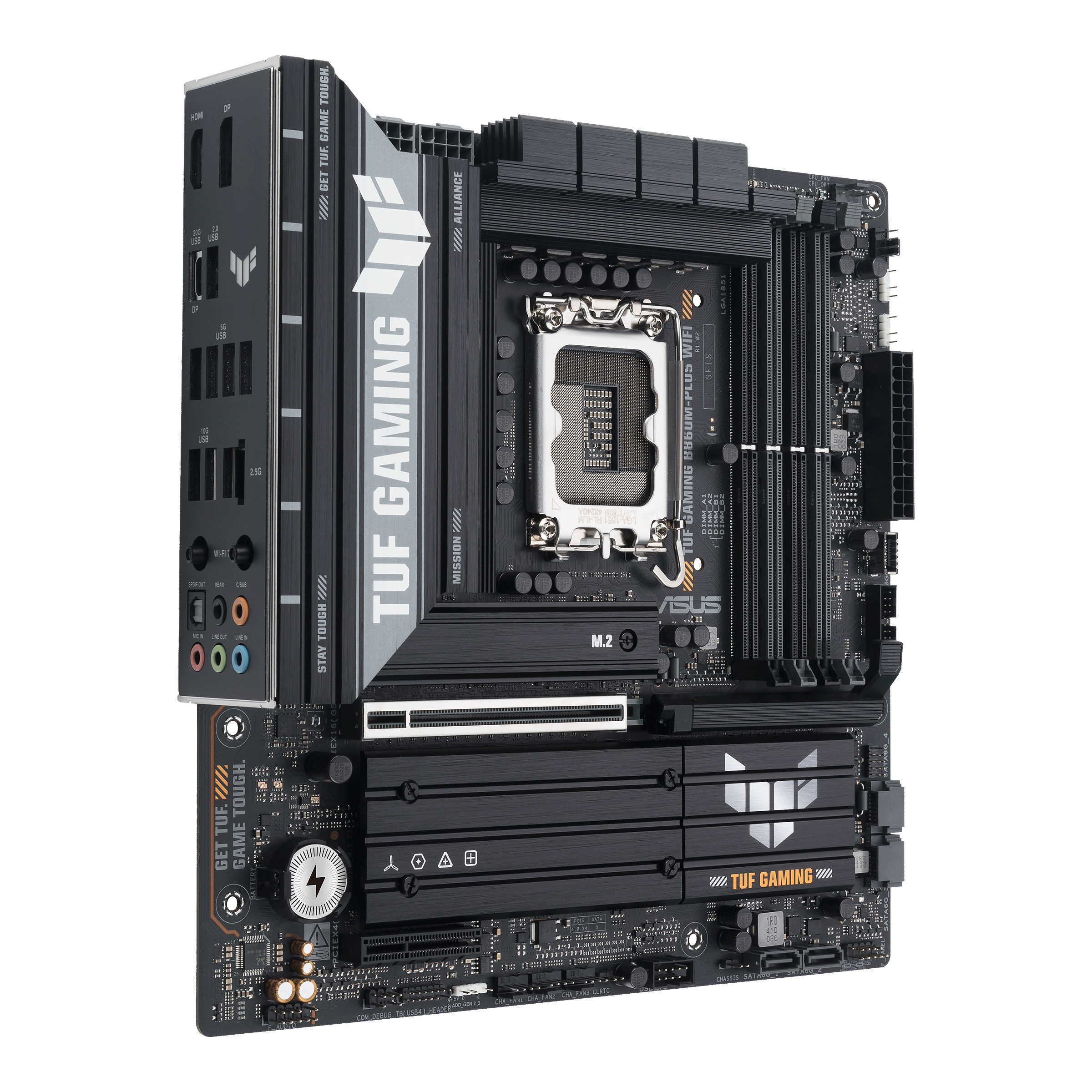 TUF GAMING B860M-PLUS WIFI_front view  45 degrees with IO ports