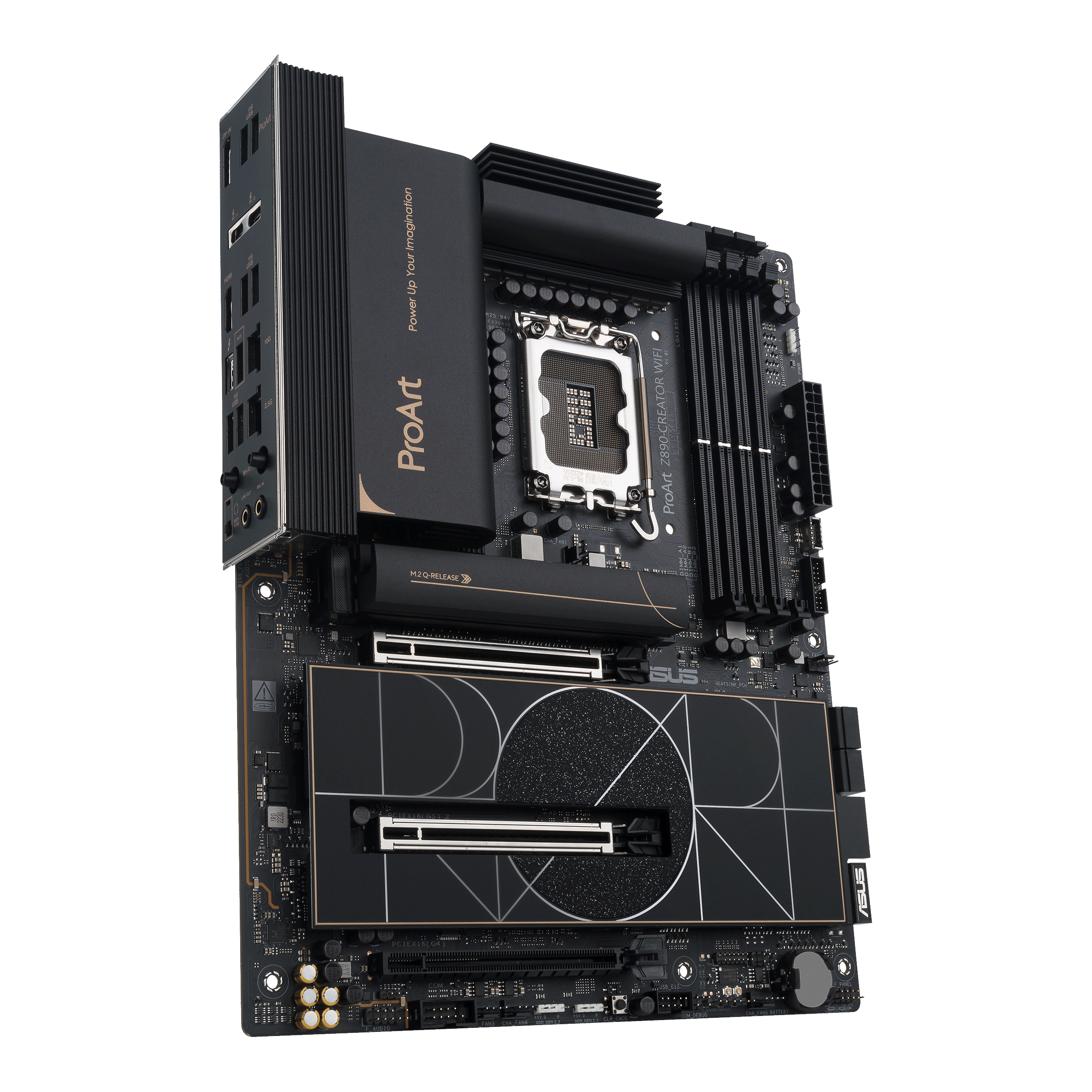 ProArt Z890-CREATOR WIFI front view, 45 degrees, with I/O ports
