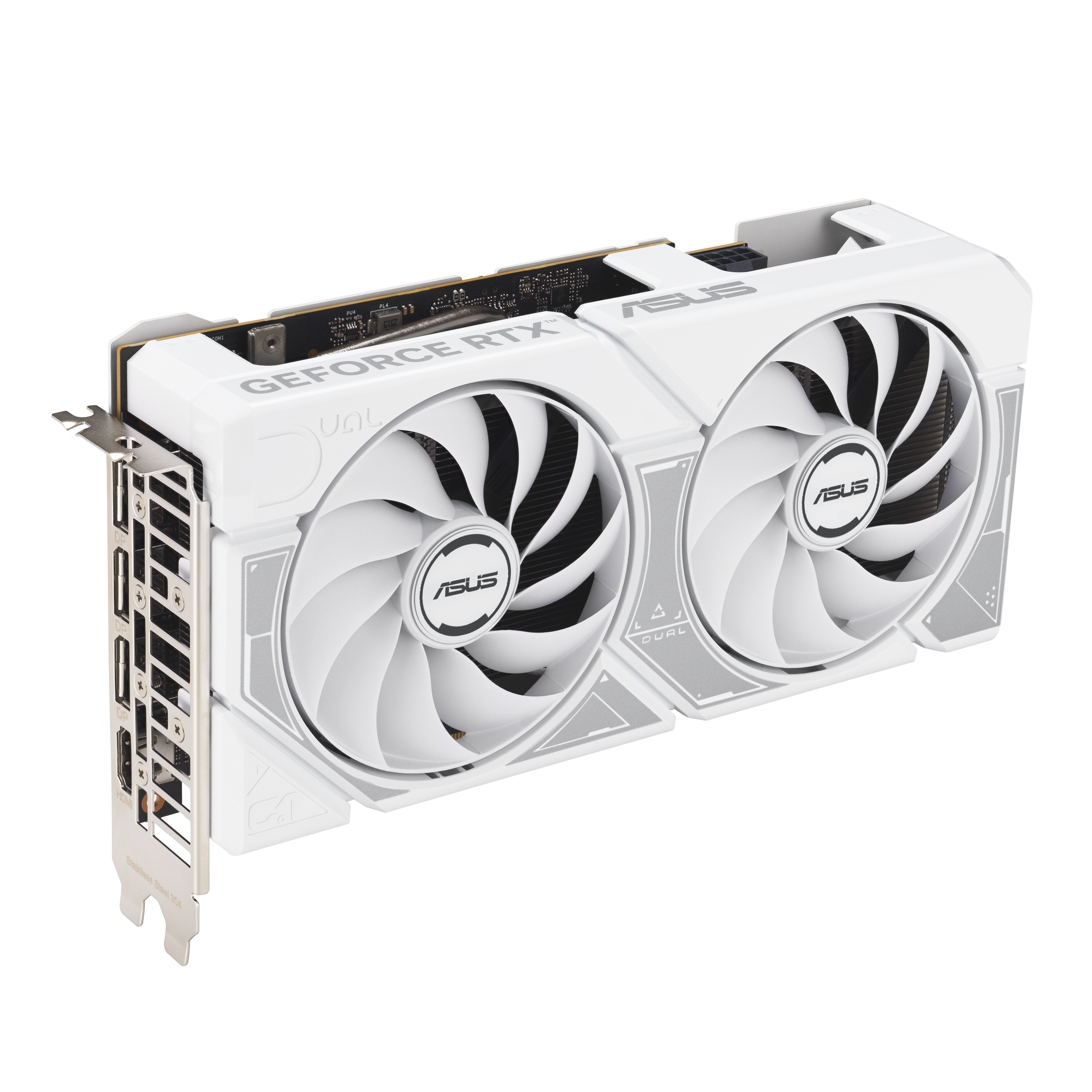 ASUS DUAL GeForce RTX™ 5060 White edition, front angled view highlighting IO ports