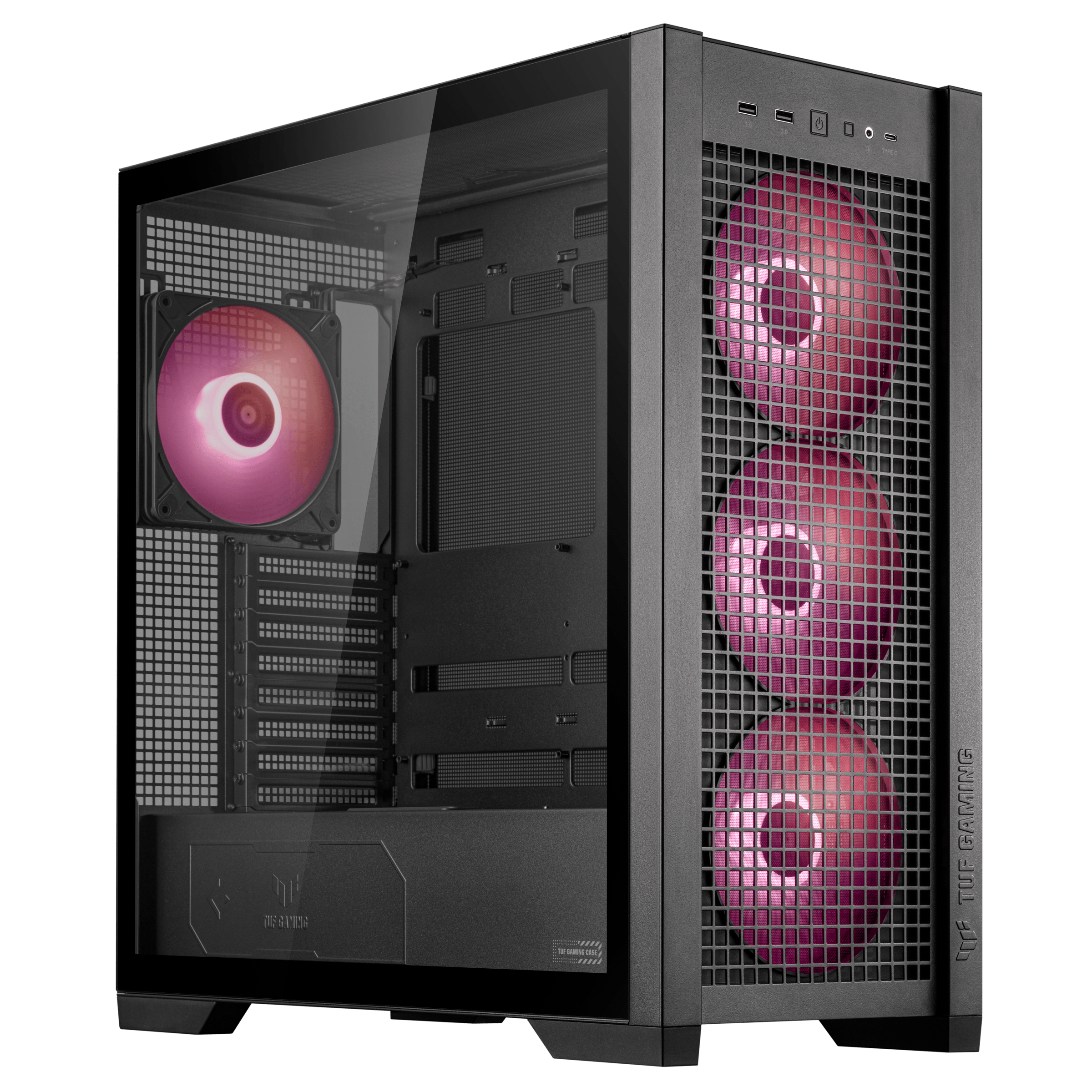 TUF Gaming GT302 ARGB black 45 degree with aura lighting and tempered glass side panel on the right 