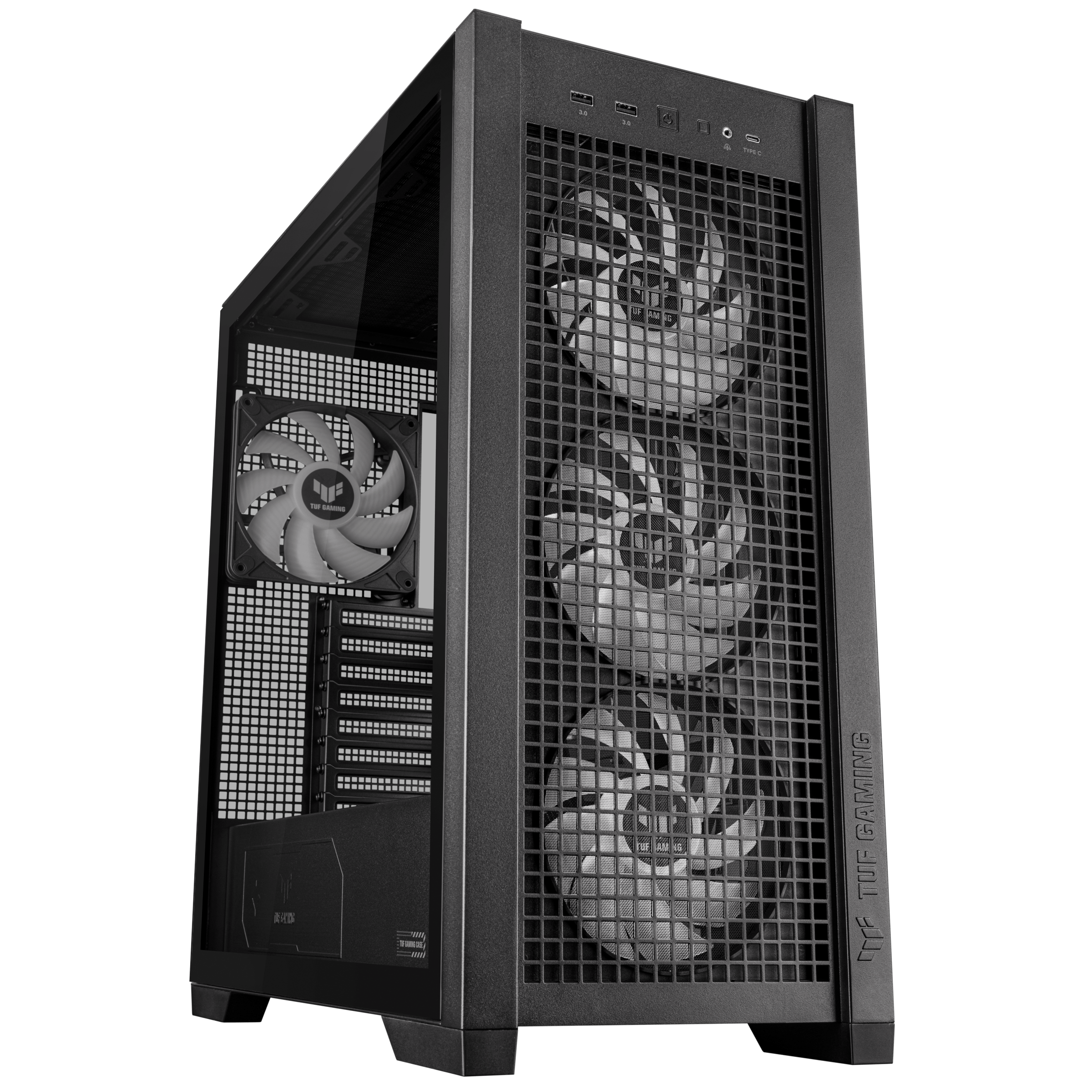 TUF Gaming GT302 ARGB black hero shot showing the front and left side without aura lighting 